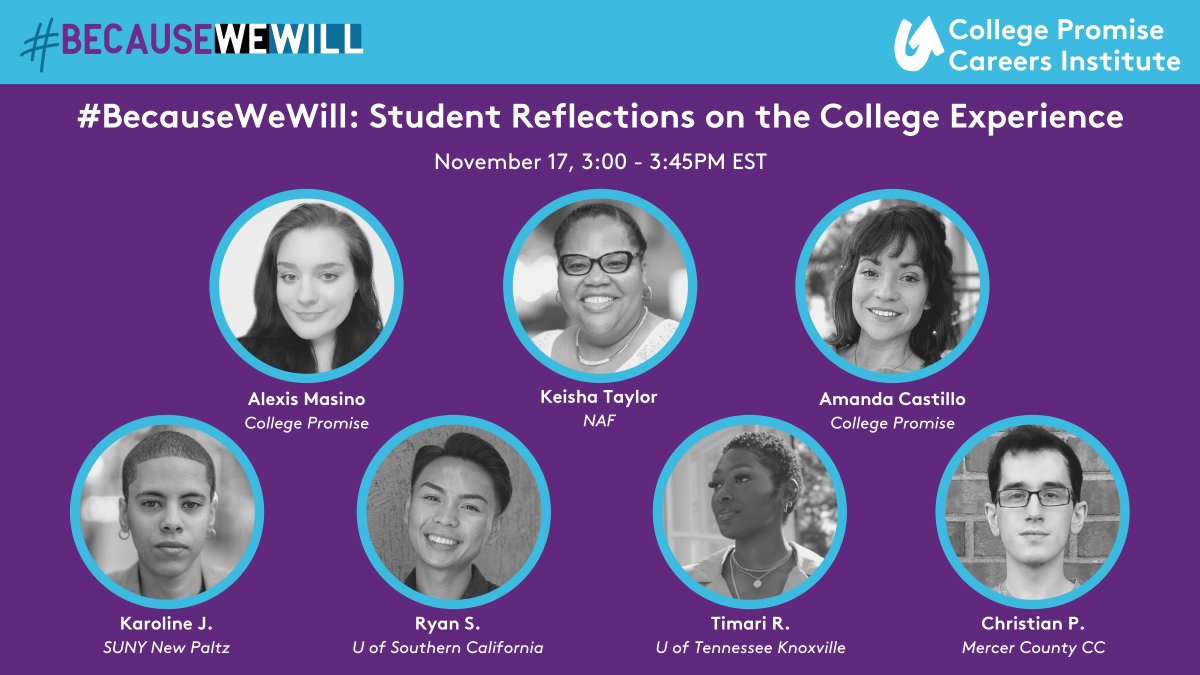 Join us for the #BecauseWeWill panel at the #CareersInstitute! Join Keisha Taylor of @NAFCareerAcads, @AlexisMasino & Amanda Castillo of @College_Promise, and students from @tnachieves, @opportunitynj, & more! @KTaylor1026
Register now: bit.ly/3C1T8bf