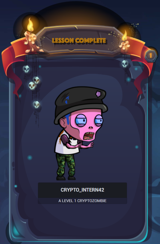 Crypto_Intern42's tweet photo. I just completed #CryptoZombies Lesson 1 and learned the basics of coding a game on #Ethereum. Take a look at the first zombie in my army! https://t.co/rActc8c5qJ https://t.co/KN2TFFuWVB