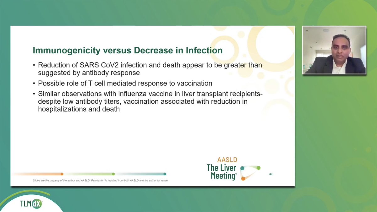 AndrewMMoon's tweet photo. Well delivered and important talk from @docbinujohn at @AASLDtweets #LiverMtg21 presidential plenary

SARS-CoV-2 vaccination associated with large reductions in COVID-19 infections and death among liver transplant recipients 

Protection appears > antibody response https://t.co/y2fokhbV4U