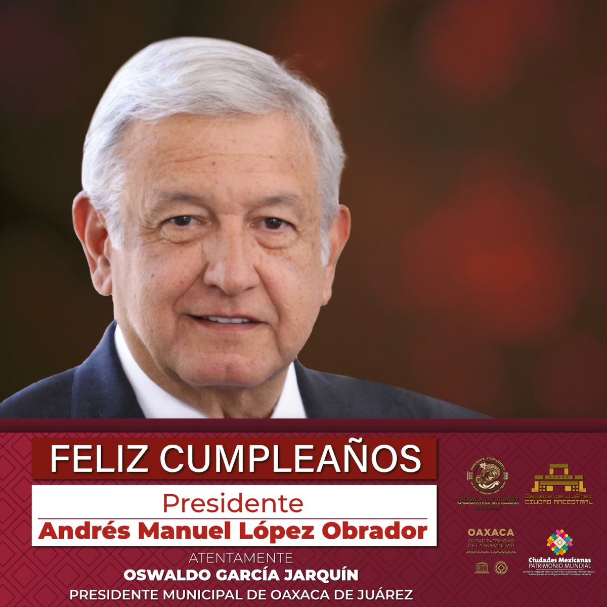 oswaldogarciaj's tweet photo. Mis sinceras felicitaciones con motivo de su cumpleaños Presidente @lopezobrador_. #Oaxaca https://t.co/w734hTaWPf