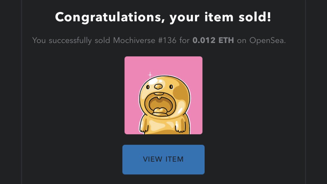 Mochiverse #136 was SOLD!
owned by @pulsoverse 

Congrats! You got Mochi Gold! ✨

opensea.io/assets/0x495f9…