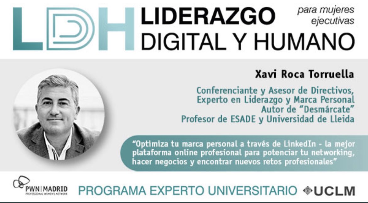PWNMadrid's tweet photo. En este Taller de @xaviroca1 del #ProgramaLDH en #Liderazgo Digital y Humano en colaboración con @UCLM descubrirás como transformar tu #talento en rendimiento.
¡Apúntate ya! El Early Bird con 10% dcto. termina mañana 14/11. Infórmate 👉🏻 https://t.co/H01XZjiE8E #mujeres https://t.co/HX5hfo749v
