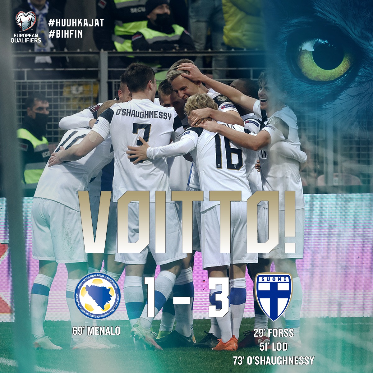 Huuhkajat's tweet photo. #Huuhkajat tuli ja hiljensi Bilino Poljen stadionin aivan uskomattoman ottelun jälkeen! 🔥 Punaisesta kortista ja missatusta pilkusta huolimatta kolme komeaa maalia ja Bosnia on lyöty. 

Kiitos Suomi! ❤️

#BIHFIN #WCQ https://t.co/AkvPpN01Cg