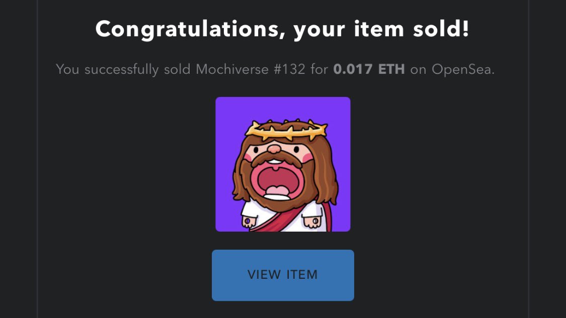 Mochiverse #132 was SOLD!
owned by <a href="/ThomasPender6/">TrafficCone</a> 

May Jesus bless you  ✨✨

opensea.io/assets/0x495f9…