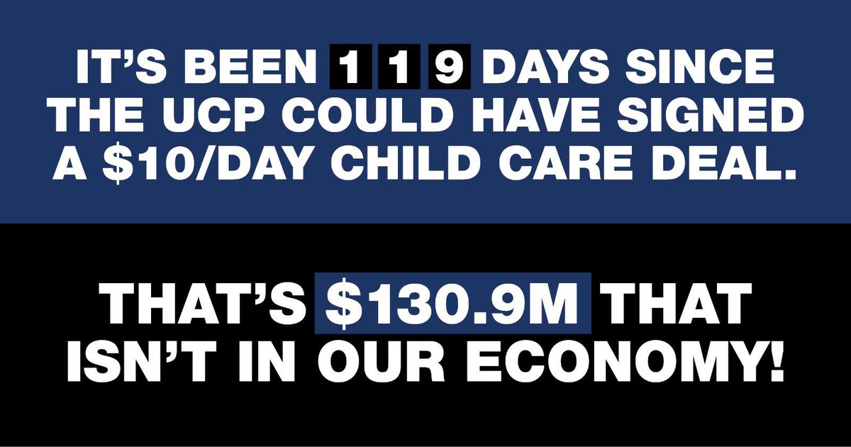 LoriSigurdson's tweet photo. The Alberta NDP put forward a proposal for a deal with the federal govt for child care back in July.
It’s been month and a full federal election and the #UCP still haven’t signed a deal.
This is costing parents $9,600/year.
#SigntheAgreement #AbLeg https://t.co/8AZ1yL3HG5