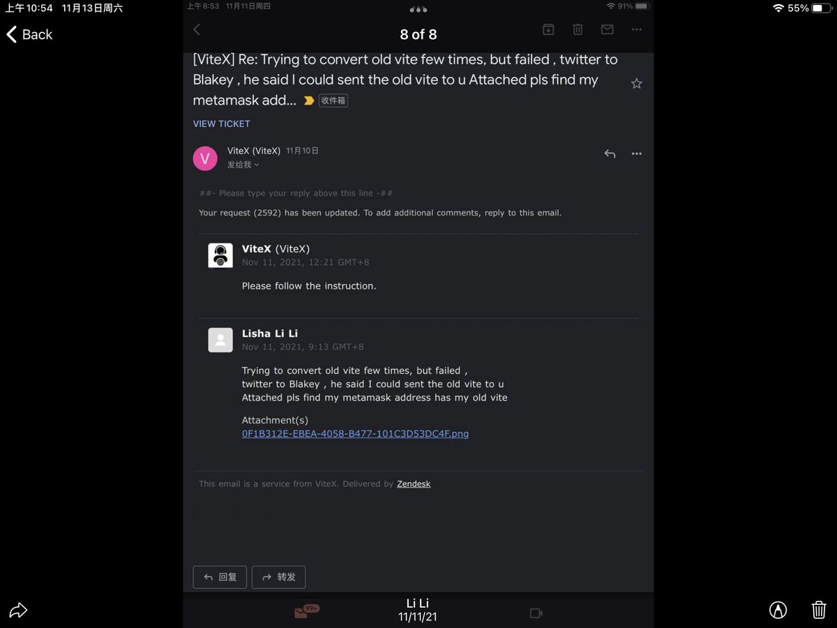 Lishali5's tweet photo. @BlackeyHou @ViteXExchange 收到你们email.就说一句follow instructions ,也🈚️attachment.我要咋办 https://t.co/g0jMOaVXdY