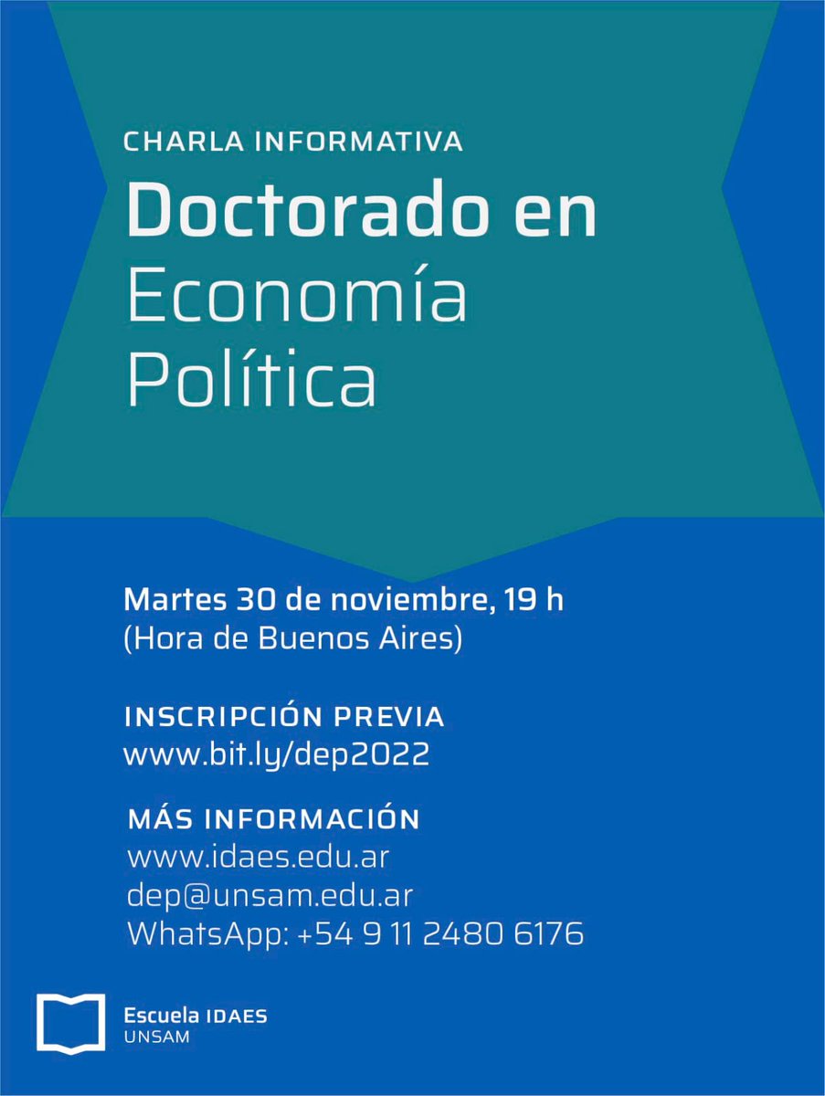 MDE_CEED_DEP's tweet photo. Lxs inivitamos a la charla informativa del Doctorado en Economía Política (DEP) de Escuela IDAES (@idaesoficial), que abrió la inscripción para su primera cohorte! La charla será el martes 30 de noviembre, a las 19h. Abrimos hilo al respecto. https://t.co/HfpwS2xSlK