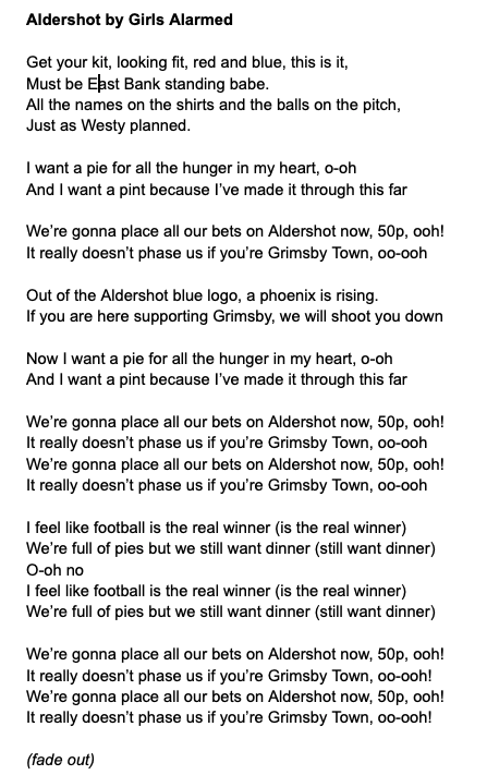 LilyBlacksell's tweet image. It's 1-1 at half time Aldershot Town vs. Grimsby Town. I've written this song for my friends + I to sing in the second half (to the tune of Call the Shots by Girls Aloud). Sharing now in case anyone wants to join us #TheShots @OfficialShots ⚽