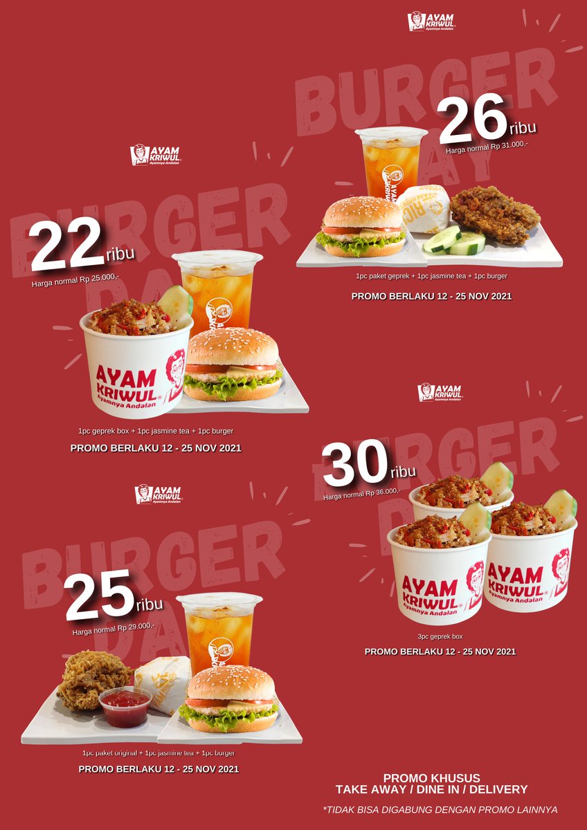 AYAM_KRIWUL_IND's tweet photo. promo @AYAM_KRIWUL_IND #BURGERDAY 12 - 25 november 2021 berlaku semua cabang  dan berlaku di @GrabID https://t.co/UeS2BZRUL1