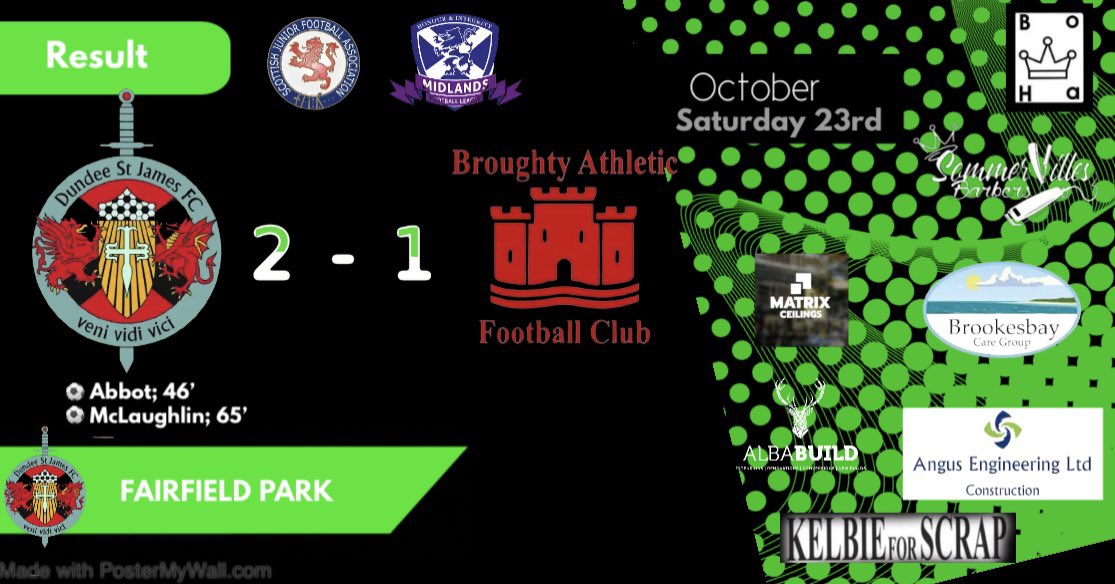 🗣 Match Result. 

Not a bad result for the lads today 😏

Dundee St. James FC 2 - 1 <a href="/Broughtyath/">BROUGHTY ATHLETIC JFC</a> 

Goals;

Steven Abbot
Josh McLaughlin

Assists;

Ryan Corbitt
Steven Abbot

We wish Broughty all the best for the season 🤝

🟢⚪️ Mon The Jamesie’s ⚪️🟢