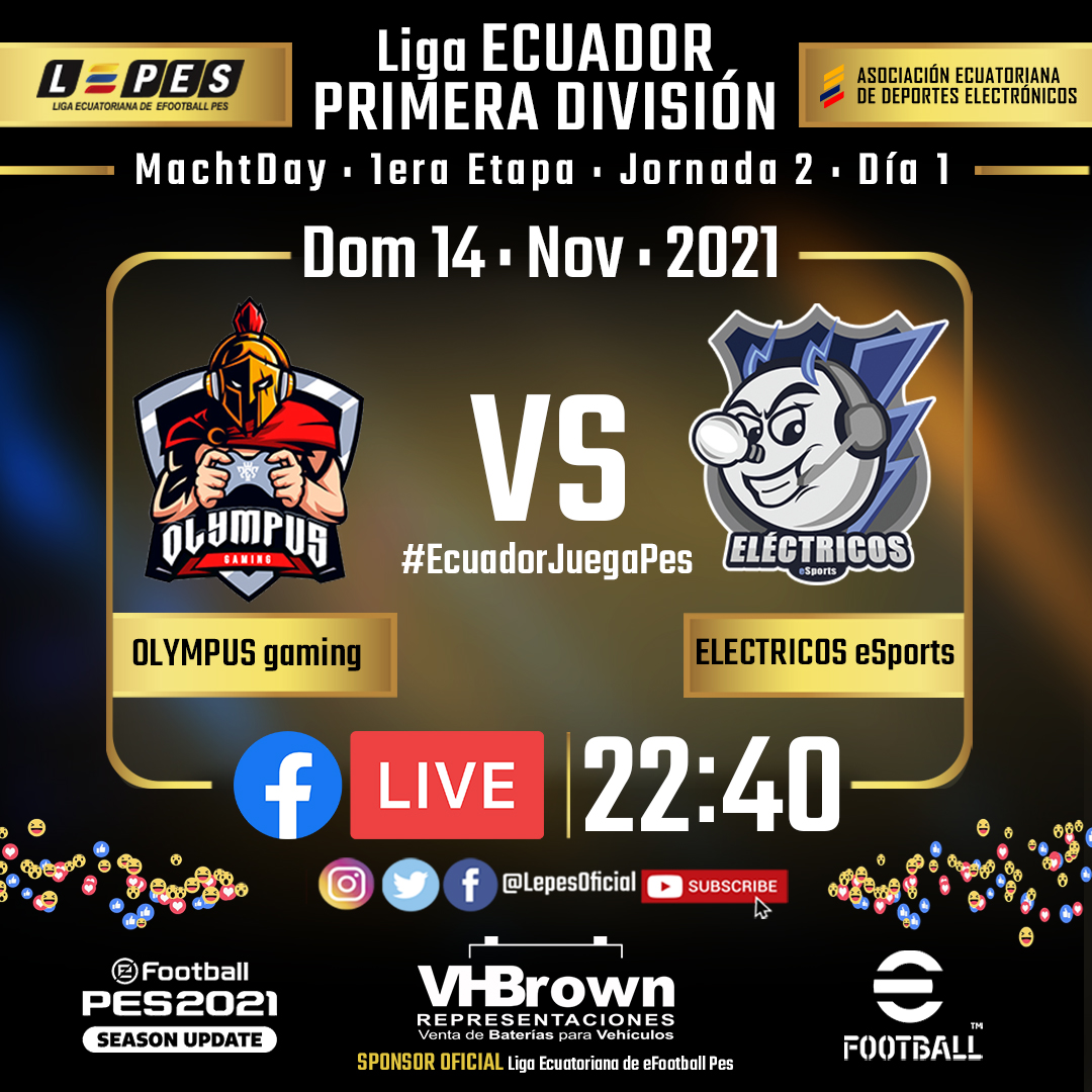 Liga Ecuatoriana de eFootball PES - Jornada 2 - Dia 1

<a href="/PuyuEsports/">PUYU ESPORTS</a> vs <a href="/masterteamec/">MASTER TEAM</a> 
#OlympusGaming vs <a href="/ELECTRICOSe2014/">ELÉCTRICOS e-SPORTS</a> 

Tabla de posiciones
aede.ec/lepes-primera-…

#eFootballPES2021 
#eFootballPES 
#eFootball