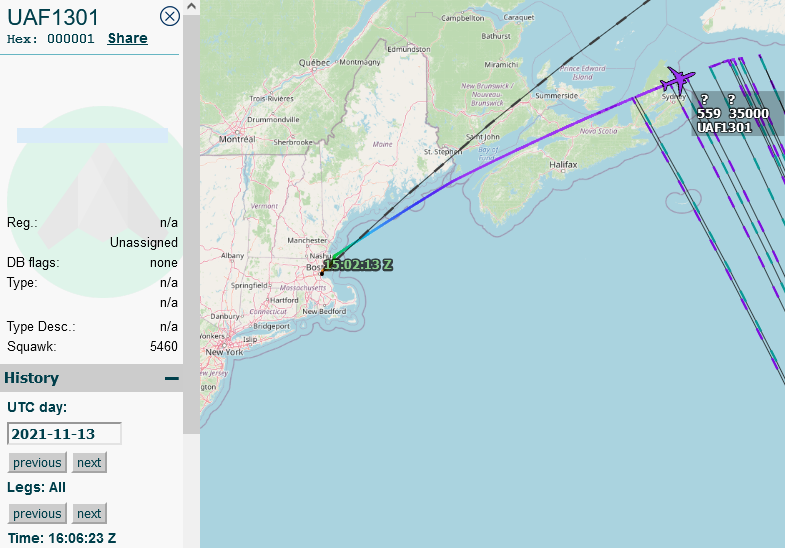SirListenalot's tweet photo. 1606z Miscoded [000001] #UAEAF #A330 #896C3A 1300 as #UAF1301 en route Boston - Al Ain https://t.co/0a19YlghBq