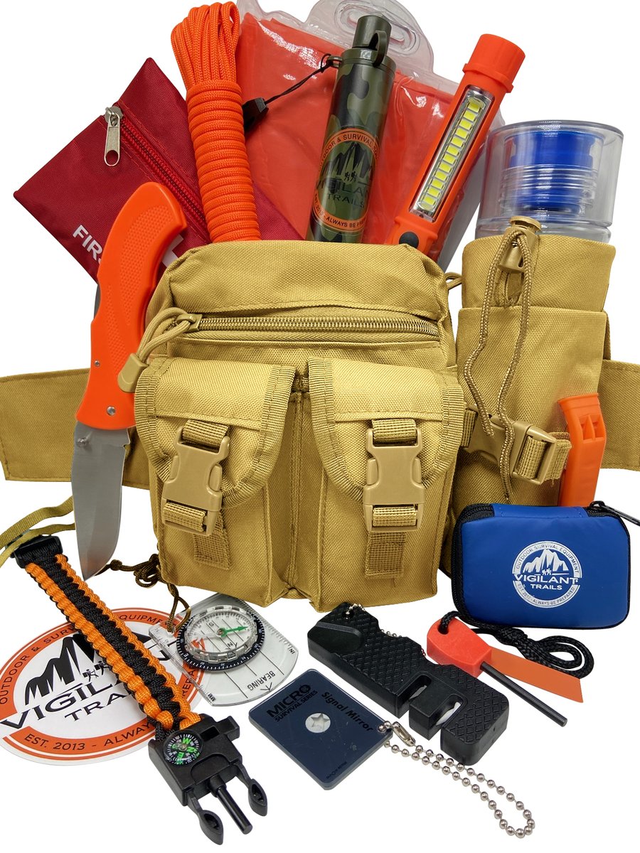 <a href="/vigilanttrails/">Vigilant Trails®</a> Survival Waist Pack. H20 Filter, Emergency Poncho, Flashlight, Fire Starting, H2O Slim Line Bottle, Sewing Kit, Knife, Whistle, Mirror, Sharpener, Compass, First Aid, Paracord Bracelet. Best of All, YOU PICK YOUR COLOR #survival #tacticalgear #backpacking #hiking