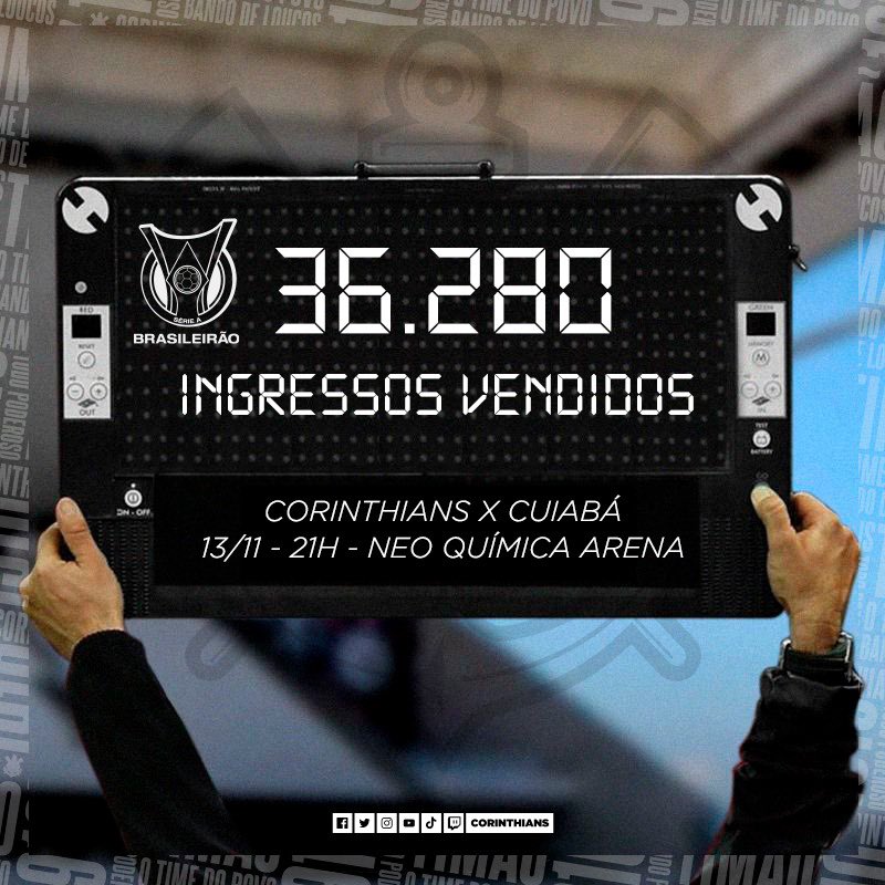 Corinthians's tweet photo. Mais de 36 mil pessoas já garantiram ingressos para Corinthians x Cuiabá hoje, às 21h, na @NeoQuimicaArena. Os setores Norte, Sul e Leste Superior estão ESGOTADOS, mas até as 19h dá para comprar lugares em outros setores. Corre no https://t.co/XWYnYHwVwC pra não ficar de fora! https://t.co/b3onoPY5Lz