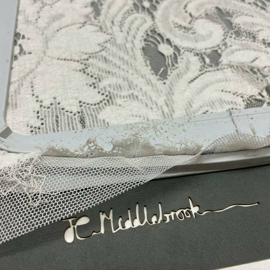 jcmiddlebrook's tweet photo. Beginning a new lace repair… marking out the ‘rotten’ curtain lace to be embroidered, making new lace from old. Thinking how to finish it, can I combine it with laser engrave drawing? #design #textilerepair #repair #recycle #oldlace #nottinghamlace https://t.co/PJF9pXAUFq https://t.co/JaYW5v9I5M