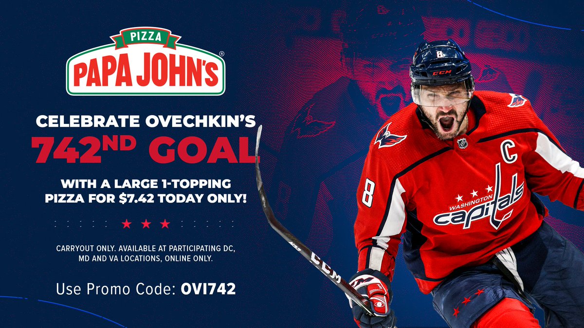 Celebrate Ovi making history yet again with a $7.42 large one-topping pizza from @PapaJohns_DMV! Available today only at participating locations. Promo Code: OVI742 pj.pizza/3kwbJXi