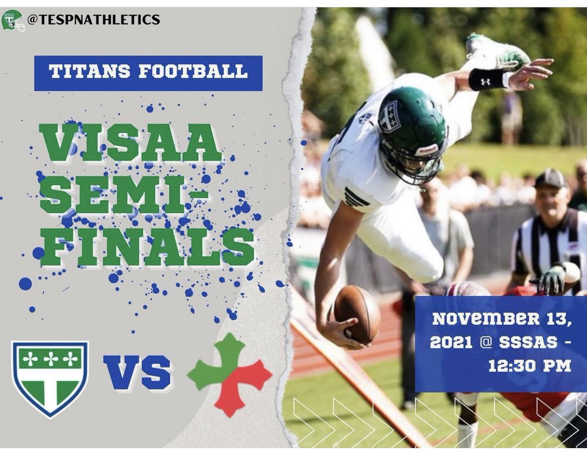 TES_Athletics's tweet photo. Varsity football will kickoff in 56 min. They travel to St. Stephen’s & St. Agnes school for a VISAA semifinal contest at 12:30pm. Good luck football!
#tesfootball https://t.co/dB9hP00mF0