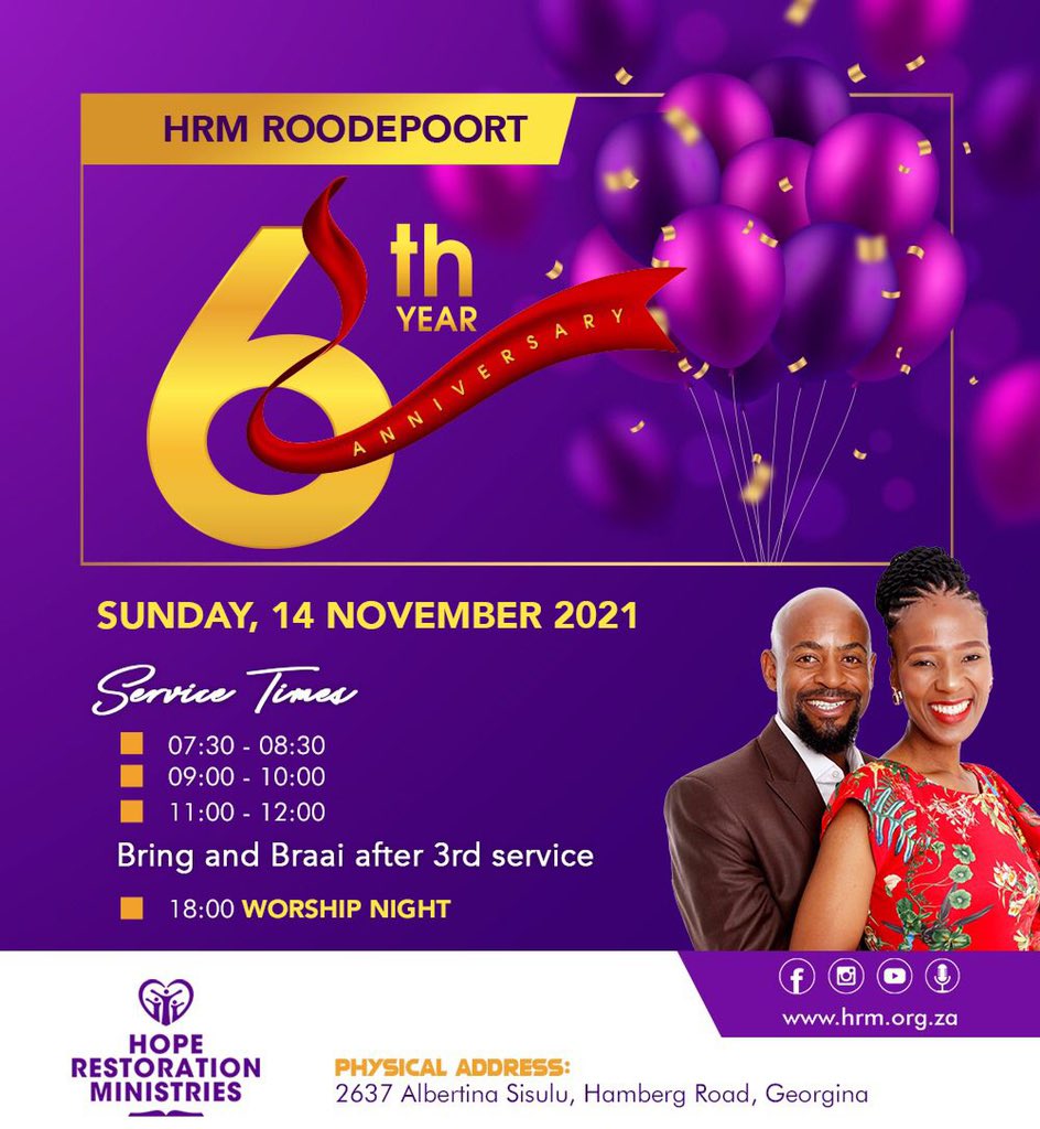HopeRestoration's tweet photo. Hi family, trust everyone is having a great weekend and to make it even more greater remember to join us in one of our campuses near you. Our fam in Roodies they’ll be celebrating 6th year of God’s faithfulness, sithi Ebenezer🙌🏾#HRMOnline #Rebuild2021 #Refuel 1/2 https://t.co/QieWtdOwjz