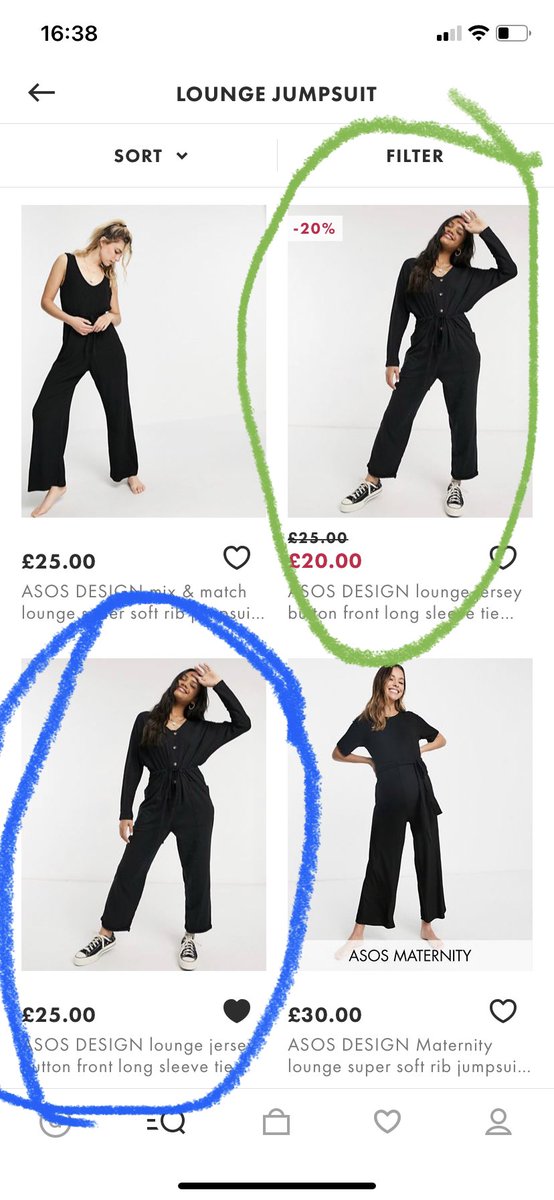 lisajanefindlay's tweet photo. @ASOS why is the green circled jumpsuit cheaper and available in less sizes than the blue circled one when they are the same? 😫 https://t.co/YYjsA3UsrJ