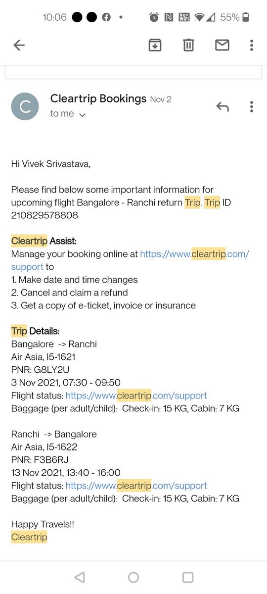 Vivekiswise's tweet photo. @Cleartrip 
Had a return flight today which I missed because the flight was rescheduled by airline to 9:50 am ...Cleartrip kept on reporting the incorrect information.
Highly disappointed!! https://t.co/JlO6sPNNgF