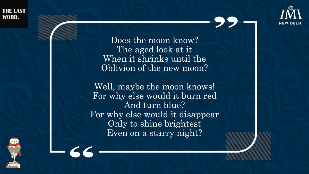 TheLastWordIMI's tweet photo. Here Vasu Kaushal wonders if the Moon knows that it is an imminent muse.

#MightyScribes #Fortnight #SunDownOwlOut #Poems #Creativity #Scribbles #Literature #Poem #PoemOfTheDay #Moon #Life #Musing #Emotion #BlueMoon #MoonGazing #Stars #Sky https://t.co/4rLe9ttlNk