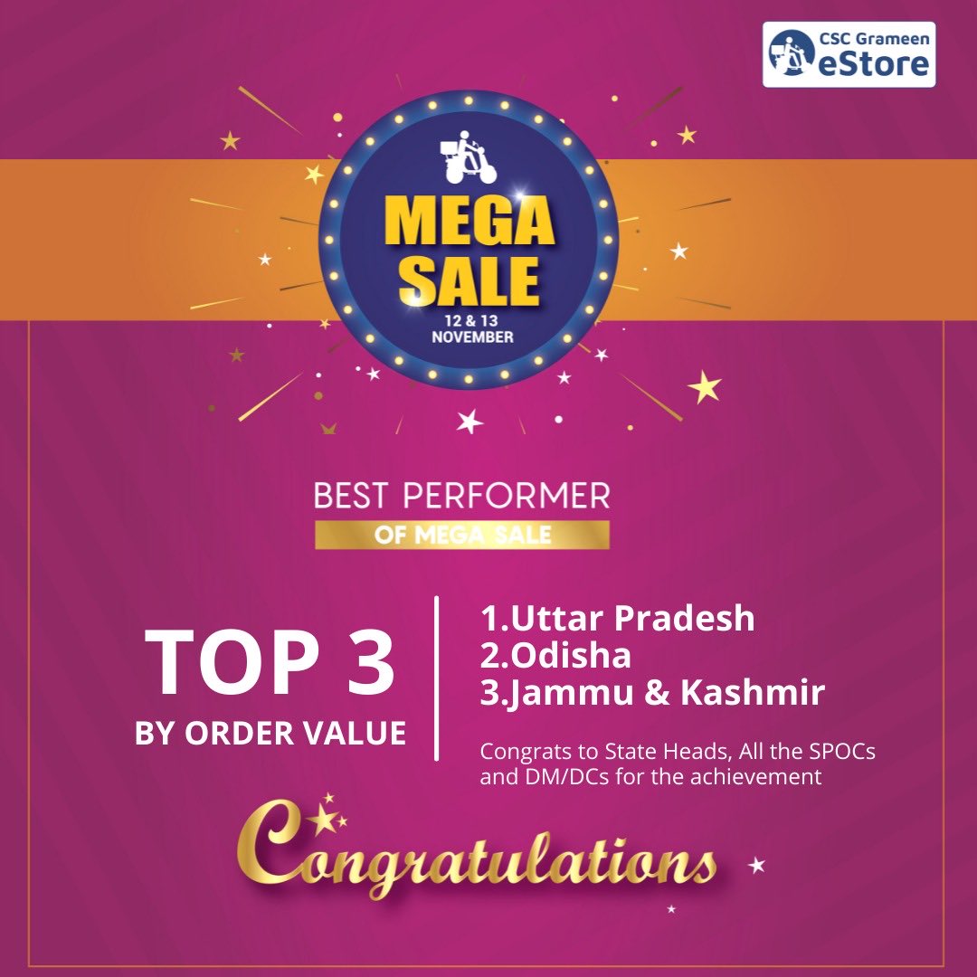 Congratulations to csc EStore s of Uttar Pradesh , Odisha and j&amp;k ⁦<a href="/dintya15/">dinesh tyagi Retd IAS</a>⁩ ⁦<a href="/CSCUttarPradesh/">CSC Uttar Pradesh</a>⁩ ⁦<a href="/CscOdisha/">Csc Spv Odisha</a>⁩ ⁦<a href="/CSCJK/">CSC J&K</a>⁩ ⁦<a href="/CSCeStore/">CSC Grameen eStore</a>⁩