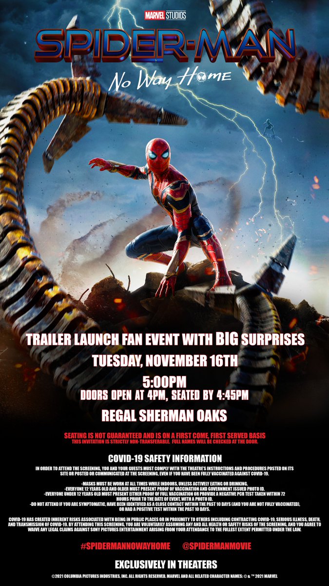 WGreatPowerBook's tweet photo. It's official. The SECOND trailer for #SpiderManNoWayHome is coming on Tuesday, November 16!! 

The trailer's World Premiere will occur during an EXCLUSIVE live fan event in L.A. with a VERY special surprise. 

Wanna go? Hit @CinemaBlend ASAP and RT our official post. GO NOW! https://t.co/5M6wMVuXPJ
