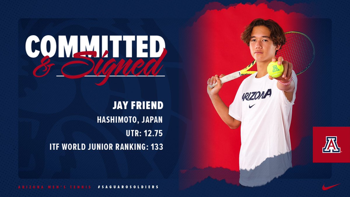 ArizonaMTennis's tweet photo. Got a good one! 🐻⬇️

Recruit Jay Friend signed his NLI with Arizona to join the team in Fall 2022!

#BearDown | #SaguaroSoldiers https://t.co/2w9tOZ9aeW
