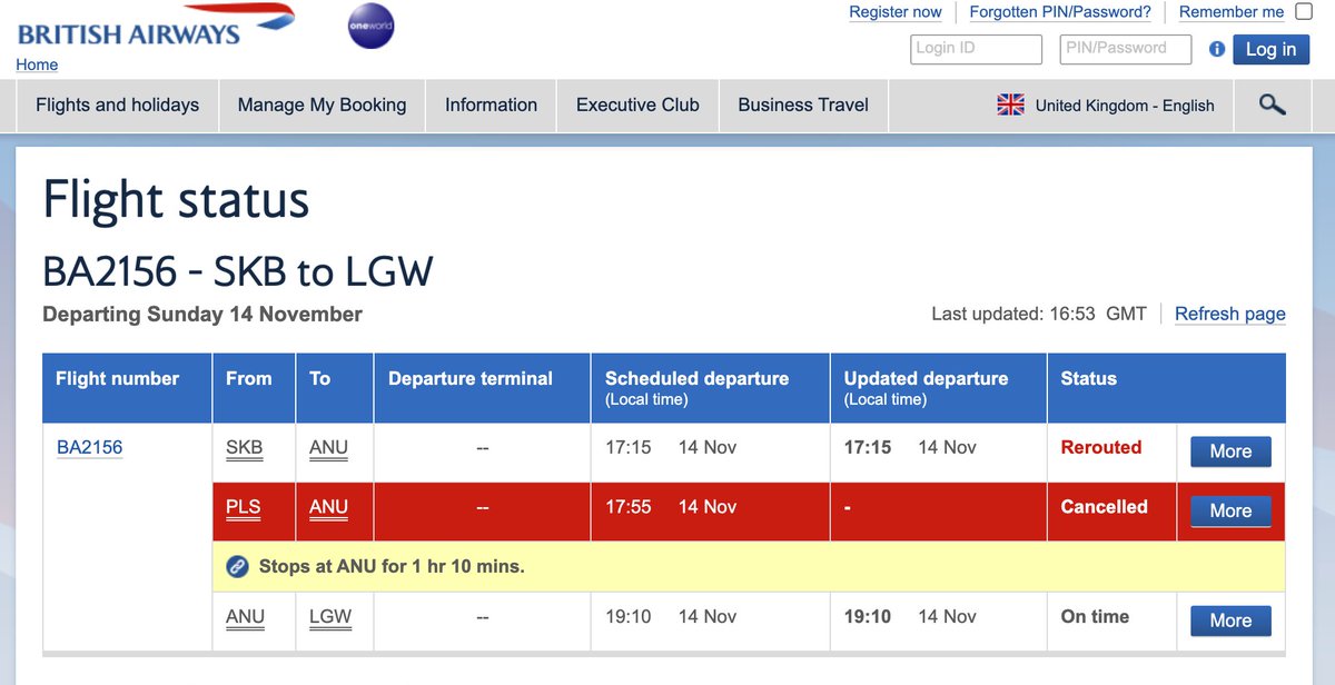 jrdnwlms's tweet photo. @British_Airways Hi currently in St Kitts &amp; Nevis, scheduled on the flight BA 2156 tomorrow. Manage booking/app says its cancelled but flight checker just says rerouted? Is it cancelled or still going ahead? https://t.co/jYD6UZPDal