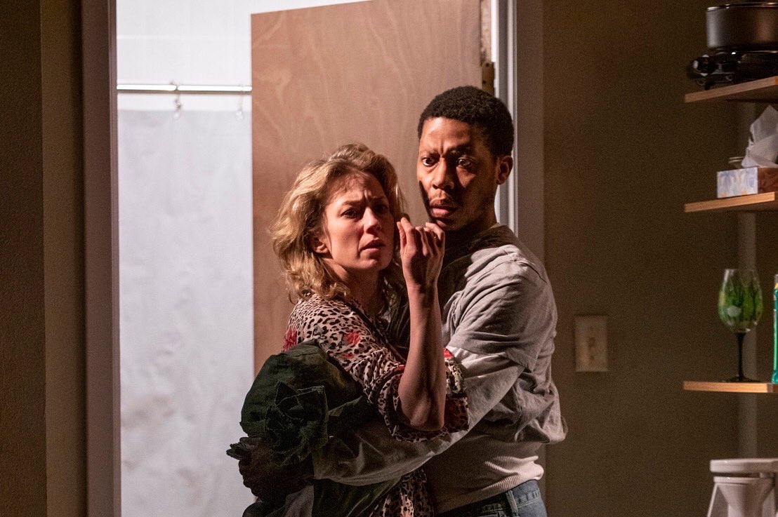 BenTTravers's tweet photo. After our year of isolation, #Bug hatches in an intimate, gnarly new form @SteppenwolfThtr. Namir Smallwood leaves a mark. @CarrieCoon is the super mother. Catch it if you can. #bugSTC https://t.co/WTS0Sd9TzY