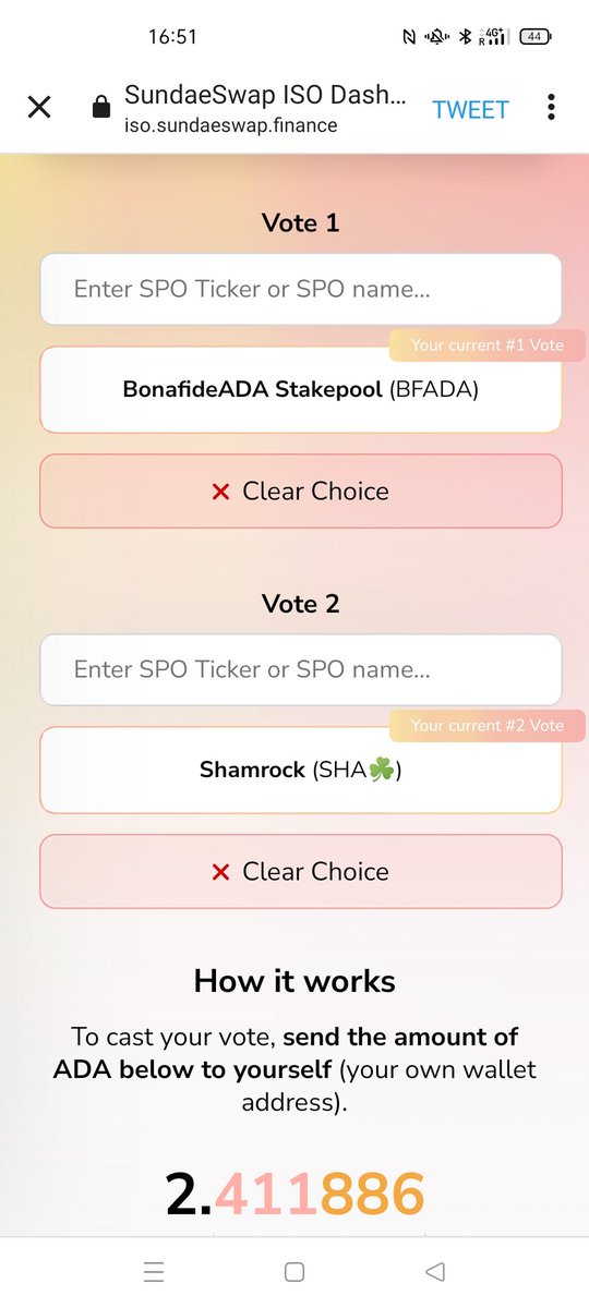 i_amshaunak's tweet photo. @SundaeSwap ISO voting is still open!

If you haven't voted yet, please consider BONAFIDEADA as No.1🥇
#VoteSingle
#VoteSmall
We've given our no.2 vote to @PoolShamrock 🥈☘️

https://t.co/nTynK0av1n

To vote for us, send your OWN wallet address 2.411886 $ADA
#Cardano #SundaeSwap https://t.co/SL0UrdbB3I