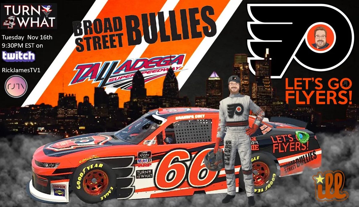 Where ready to go for <a href="/TALLADEGA/">Talladega Superspeedway</a> in the <a href="/TTdfwr/">Turn Down For What Iracing Series (TDFW)</a> race Tuesday night. Excited to have the <a href="/NHLFlyers/">Philadelphia Flyers</a> on board in the 66 chevy. Tune in at 930pm EDT with <a href="/RickJamesTV/">Rick James</a> on twitch.