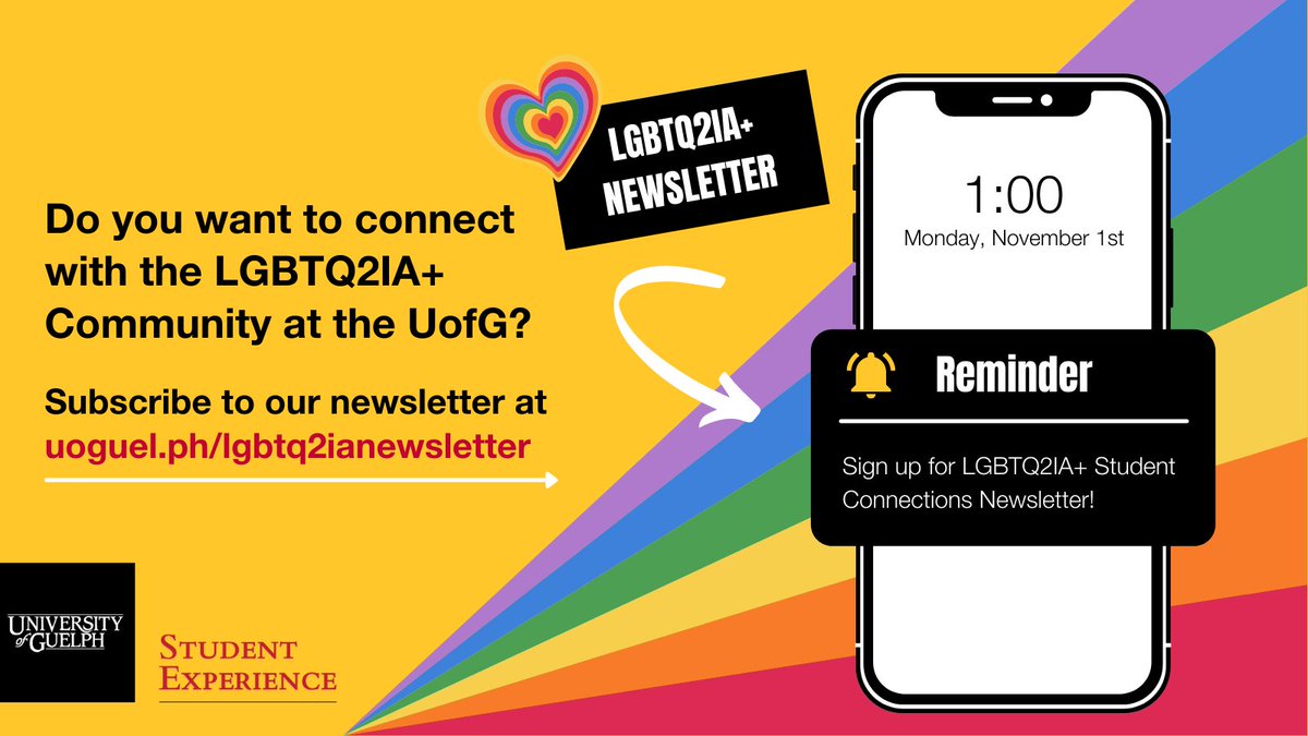 UofGStudentExp's tweet photo. The LGBTQ2IA+ Student Connections Newsletter gets sent out every week during the academic year! Subscribe to get the latest information, news, and events right to your UofG email 🏳️🌈
Subscribe today: https://t.co/UvzRfX50yg
#LGBTQ2IA #UogGPride #UofG #UofGStudentExp @uofg https://t.co/4sInNSJn7m
