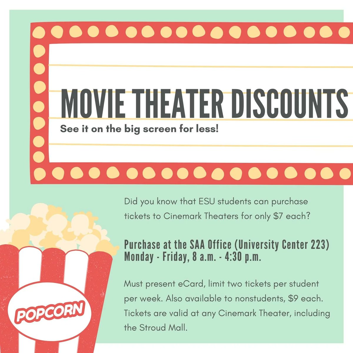 Fun Fact: ESU students can save 💲 💲 💲 by buying their movie theater tickets through SAA!