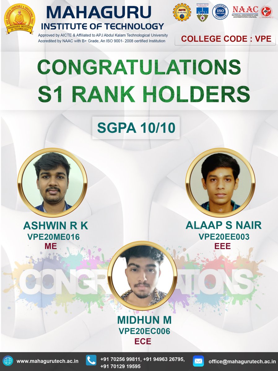 mahaguru_tech's tweet photo. 𝐌𝐈𝐓 𝐂𝐎𝐍𝐆𝐑𝐀𝐓𝐔𝐋𝐀𝐓𝐄 𝐒𝟏 𝐑𝐀𝐍𝐊 𝐇𝐎𝐋𝐃𝐄𝐑𝐒 #Rank #Congratulations #S1 #collegetopper #mahaguru_institute_of_technology #BTech #rankings #RankHolders #kayamkulam https://t.co/ajl3sTVPOj