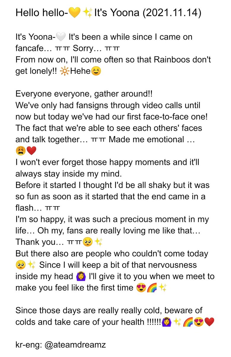 ateamdreamz's tweet photo. FANCAFE (eng) ㅡ Hello hello-💛✨It's Yoona (2021.11.14)

It's Yoona-🤍 It's been a while since I came on fancafe… ㅠㅠ Sorry… ㅠㅠ
From now on, I'll come often so that Rainboos don't get lonely!! 🔆Hehe☺️ (cont)

#bugAboo #YOONA #유우나 #버가부 https://t.co/7saITjvIgr