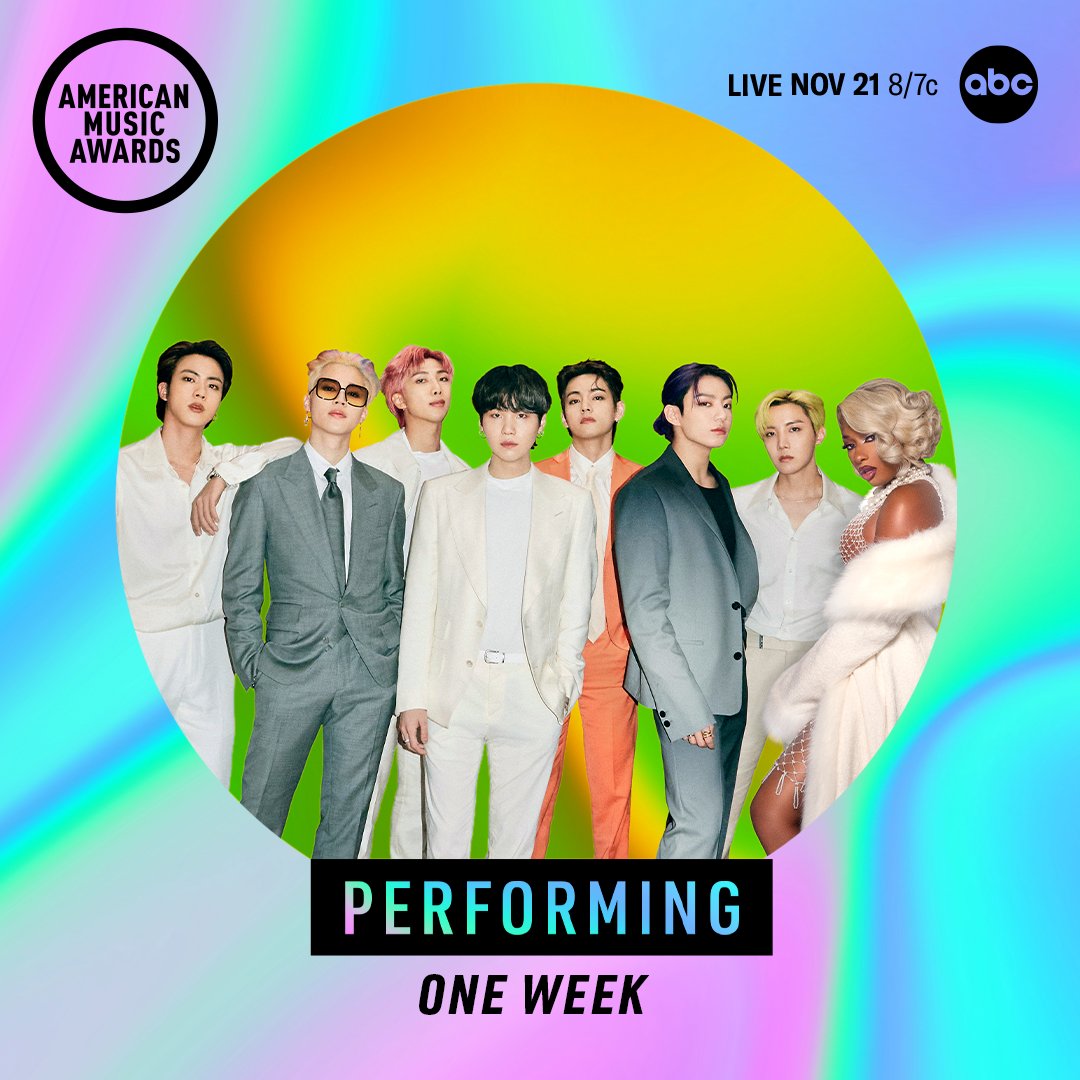 ONE WEEK until the 2021 @AMAs! Don’t miss our performance on Sunday, November 21 at 8/7c on @ABCnetwork! #BTSxAMAs #BTS_Butter #BTS #방탄소년단