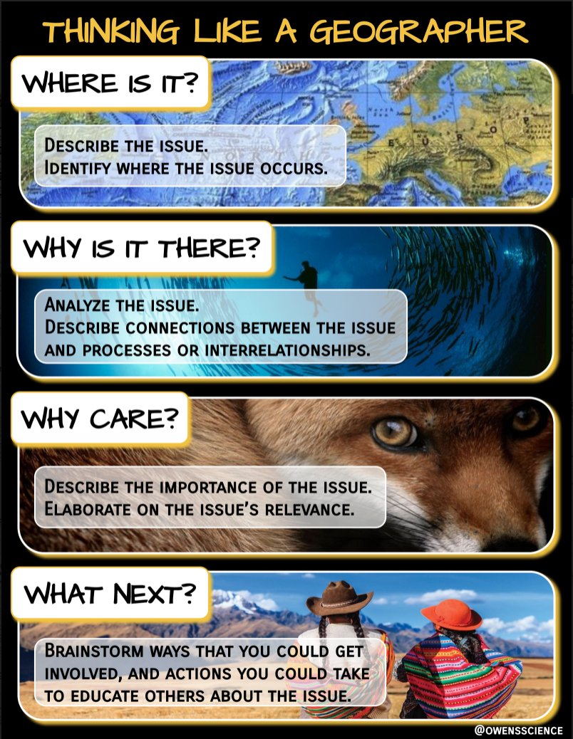 Geography Awareness Week! 
November 15 - 19

Thinking like a Geographer:
🌍Where is it?
🌿Why is it there?
🌺Why care?
♻️What next?

I made this poster for my classroom - feel free to use or share! 💛
drive.google.com/file/d/1tKuIFR…

#GeoWeek
#ThatsGeography
#ExplorerMindset
#GETOnBoard