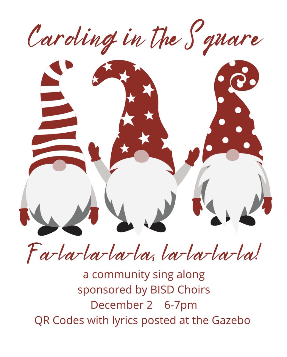 BoerneChoir's tweet photo. Meet us at the Square December 2 at 6 for a community caroling event! Song sheets available here after Thanksgiving with QR Codes at the gazebo. Let’s sing Boerne! @champion_choir @BoerneMSNorth @BoerneMSSouth @VossMiddle @BoerneFineArts @boerneisd @Boernehs https://t.co/BU4SIVa4gG