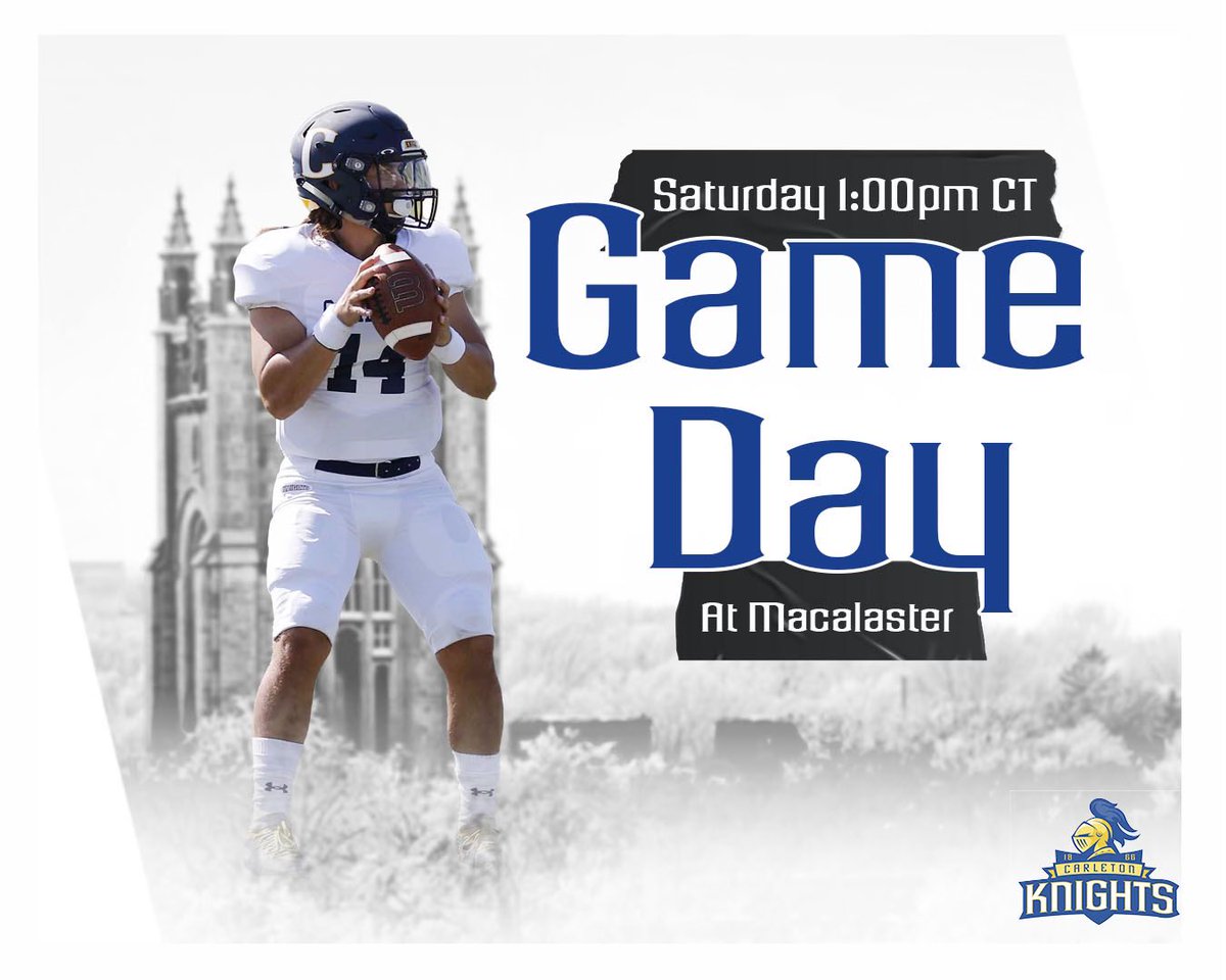 CarletonFB's tweet photo. The Knights are back in action for our last game of the season. The books are on the line and the team is fired up! #KeepStackin #BeatMAC https://t.co/0uNLg0LEOX