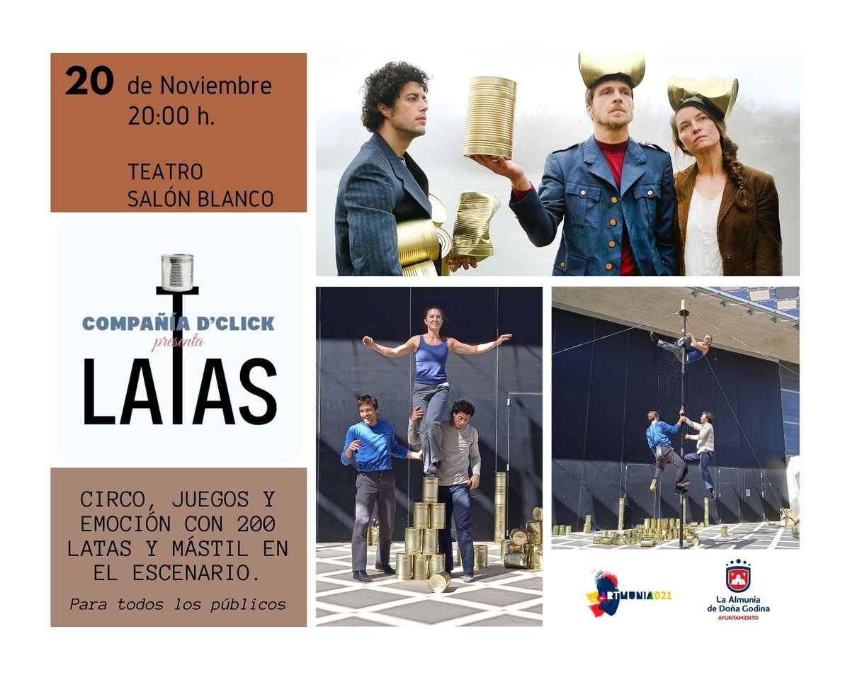 artmunia's tweet photo. . Estamos de estreno mundial. LATAS es el nuevo espectáculo de la CÍA D'CLICK que se presenta en #LaAlmunia el próximo 20-N Celebraremos además el Día Internacional de la Infancia @unicef_es @arackos @sevegodina @DasLaundromat @s_trumbo @tiapilarin @asunesteticaLA @Majudi46 https://t.co/vj0v1qDZmM
