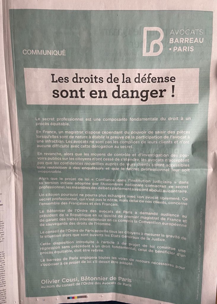 📰 Dans le <a href="/Le_Figaro/">Le Figaro</a> du jour: interpellation d’<a href="/Avocats_Paris/">Avocats de Paris</a> sur le danger qu’encourent les droits de la défense ⤵️ #SecretProfessionnel #PJLConfiance