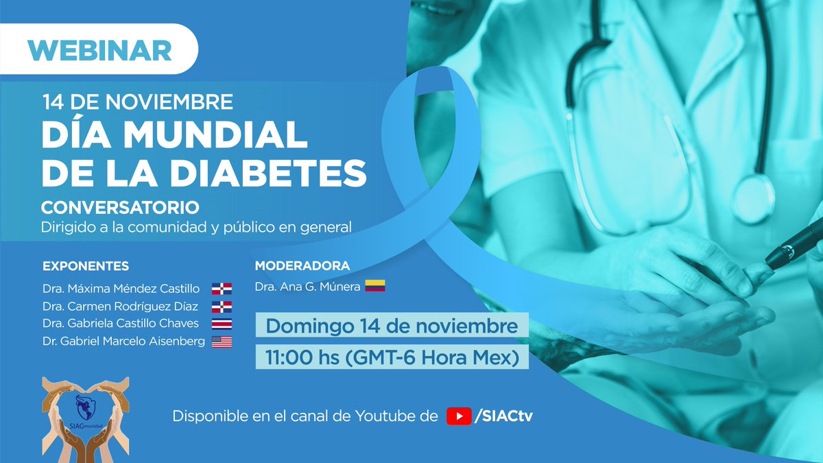 Mañana llega el #Webinar gratuito por el Día Mundial de la #Diabetes: síntomas, cifras, tratamientos, prevenciones y mucho más! 
Dirigido a la comunidad y público en general. Los esperamos en el canal de Youtube de SIACtv: youtu.be/Dkac2kaH5ok

[Tuit hilo con oradores👇 ]