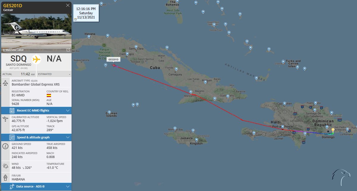 FlconEYES's tweet photo. NARCOS EN ACCIÓN🇪🇸🇨🇺🇩🇴 GESTAIR, Jet Privado de pasajeros y cargo, desde Republica Dominicana a la Habana. Bombardier Global Express XRS #ECMMD llamada GES201D #34520D registrado en España.  Oct estuvo en la Hab y activo esta semana en SurAmérica
#cuavion #15ncuba #cuba #13Nov https://t.co/A95Jc7dQzY