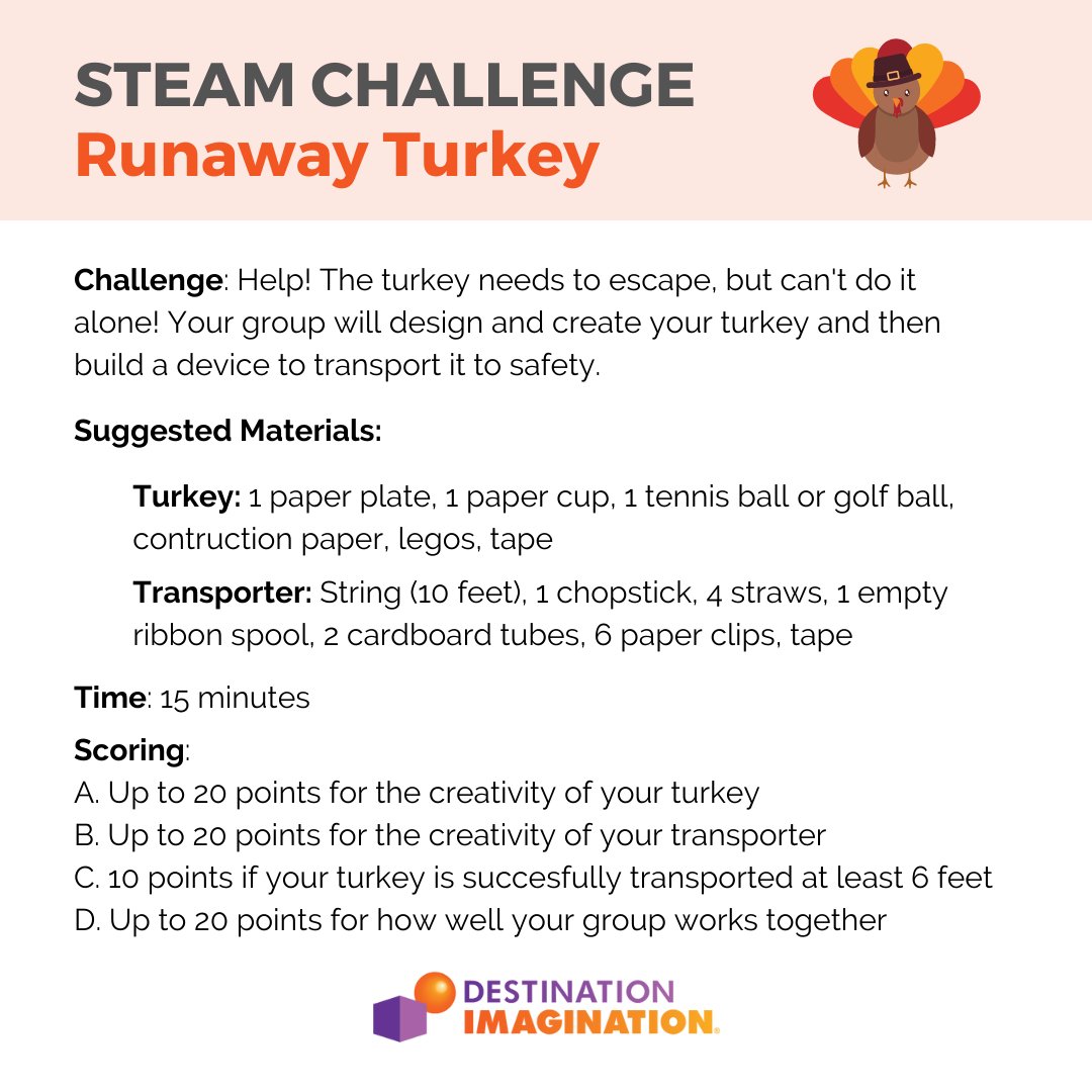 IDODI's tweet image. Can your students save the turkey? Try out our Thanksgiving-themed STEAM Challenge and share your solutions. #InstantChallenge #STEAMactivity #Thanksgiving
