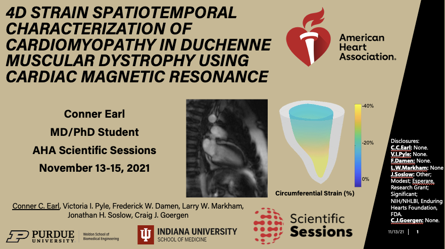 Excited to present this poster at my first #AHA21 conference on 4D strain characterization using cardiac MR in #Duchenne muscular dystrophy! Shout out as well to my awesome mentors and co-authors listed on the title slide below. #CardioTwitter #whyCMR #CMR <a href="/CVIRLab/">CVIRL</a>