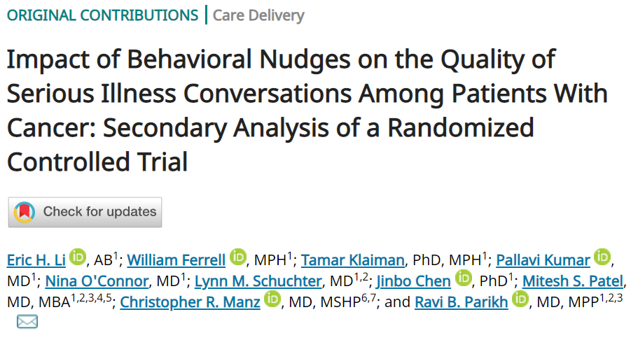 ravi_b_parikh's tweet photo. 🚨New @JCOOP_ASCO led by #EricLi @PennMedicine🚨 You're in clinic. You get a text that the next patient doesn't have an advance care plan on file. Is a "nudged" conversation less meaningful/lower quality than an "organic" conversation? NO! ->
https://t.co/dmFmES907z https://t.co/8kwrNKwv6t