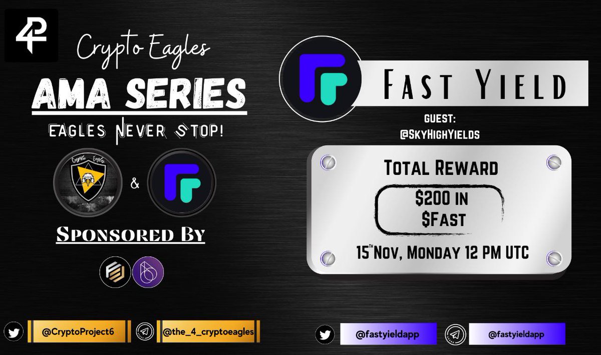 CryptoProject6's tweet photo. We are pleased to announce our next AMA on November 15th, 2021 at 12:00 PM UTC.

@CryptoProject6

 x 
@fastyieldapp

Reward : $200 in fast
Requirements:
Follow :-
@fastyieldapp
 &amp; 
@CryptoProject6

Like, RT, Tag your 3 Friends. https://t.co/7nwbmR2GhK