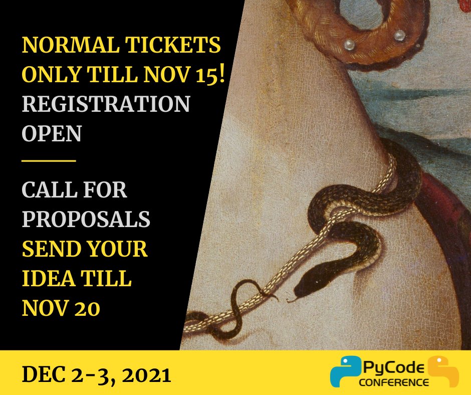 pycode_conf's tweet image. Call for Proposals is open till 20 November, this is second round of sending applications.
Send your application, form is on site: pycode-conference.org
And remember registration is open! #python #pycode #pyconf #callforpapers #tickets #registration