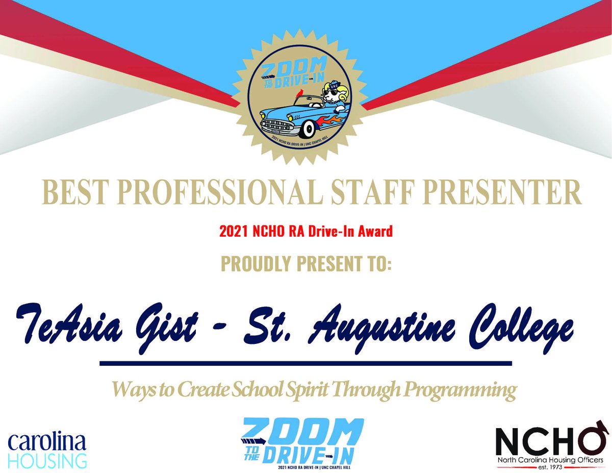 Congratulations to TeAsia Gist from St. Augustine College for winning the Best Professional Staff Presenter Award!

#NCHO2021 #Zoom2UNC